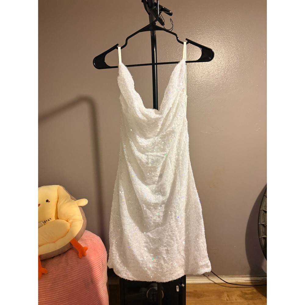 Strapless White Sequin Cowl Neck Dress